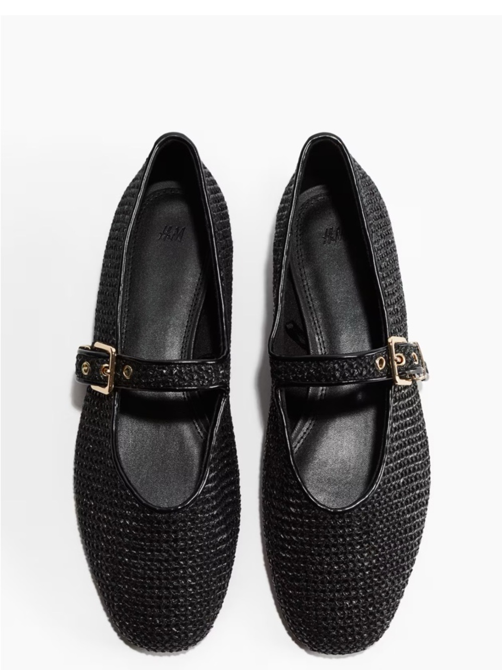 H&M Black Woven Mary Jane Flats with Gold Buckle